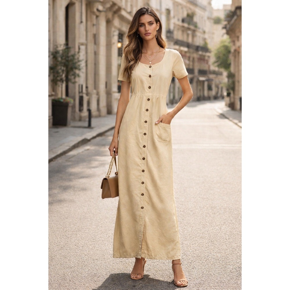 Vintage Melrose Studio Button Up Dress Women's L Beige Maxi Cottage Boho Modest